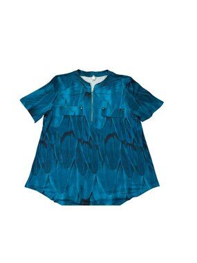 Luckymore Womens XL Blue Feather Print Zip Front Short Sleeve Blouse Casual Top